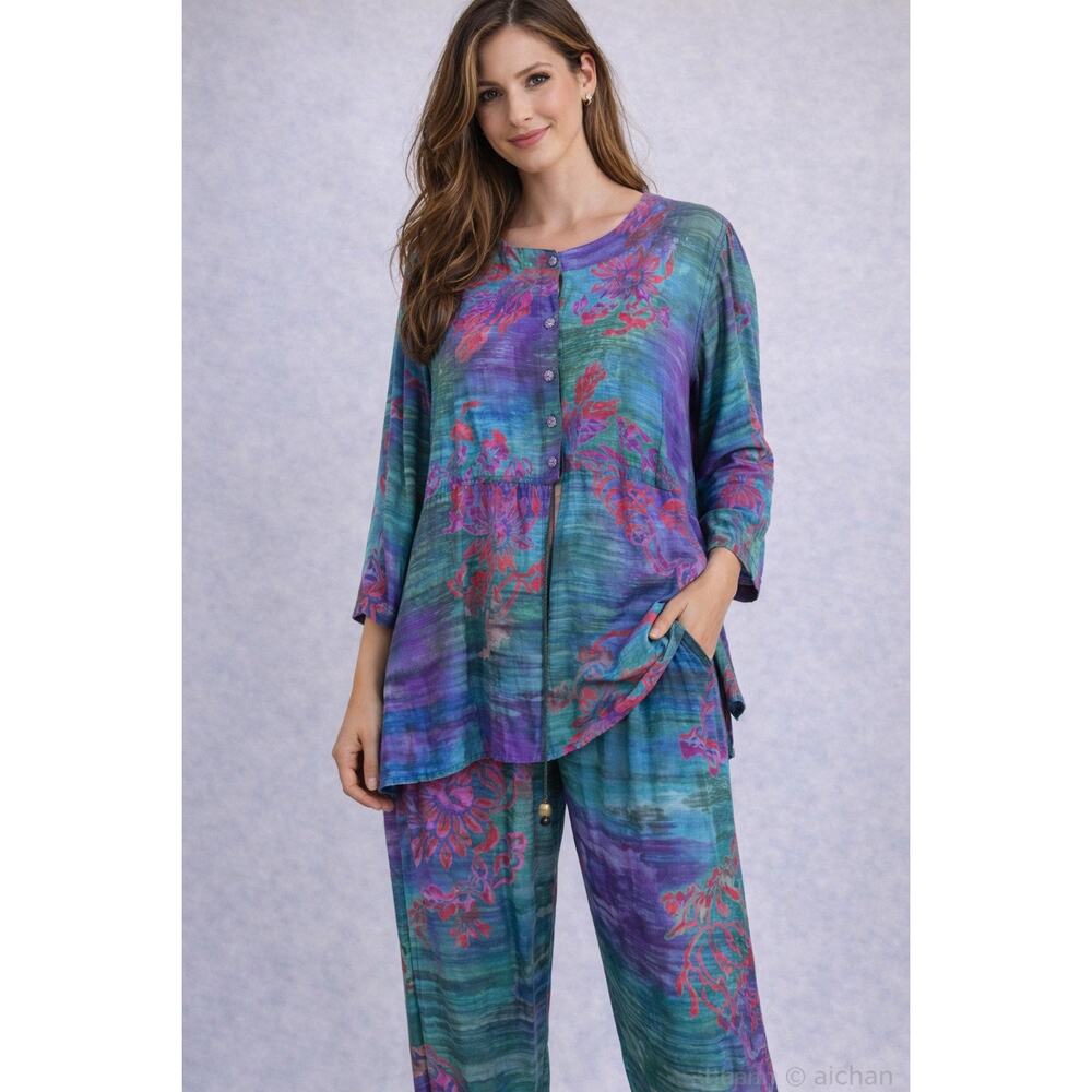 Tropical Tantrum Hawaii 2 Pc Set M-L  Floral Tunic Top Pants Resort Lounge Boho